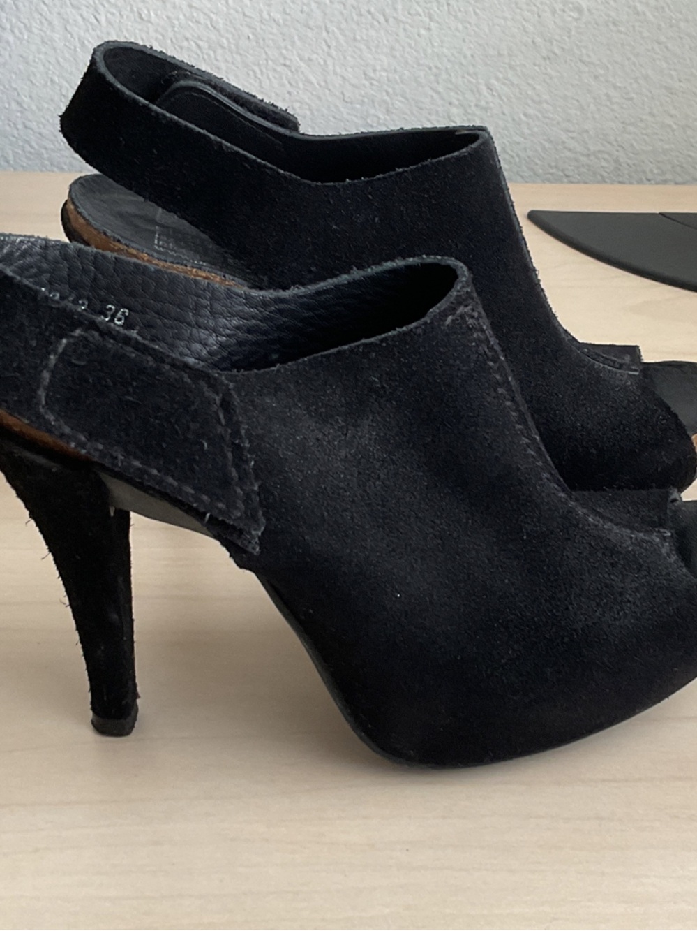 Black Suede Peep-Toe Platform Heels